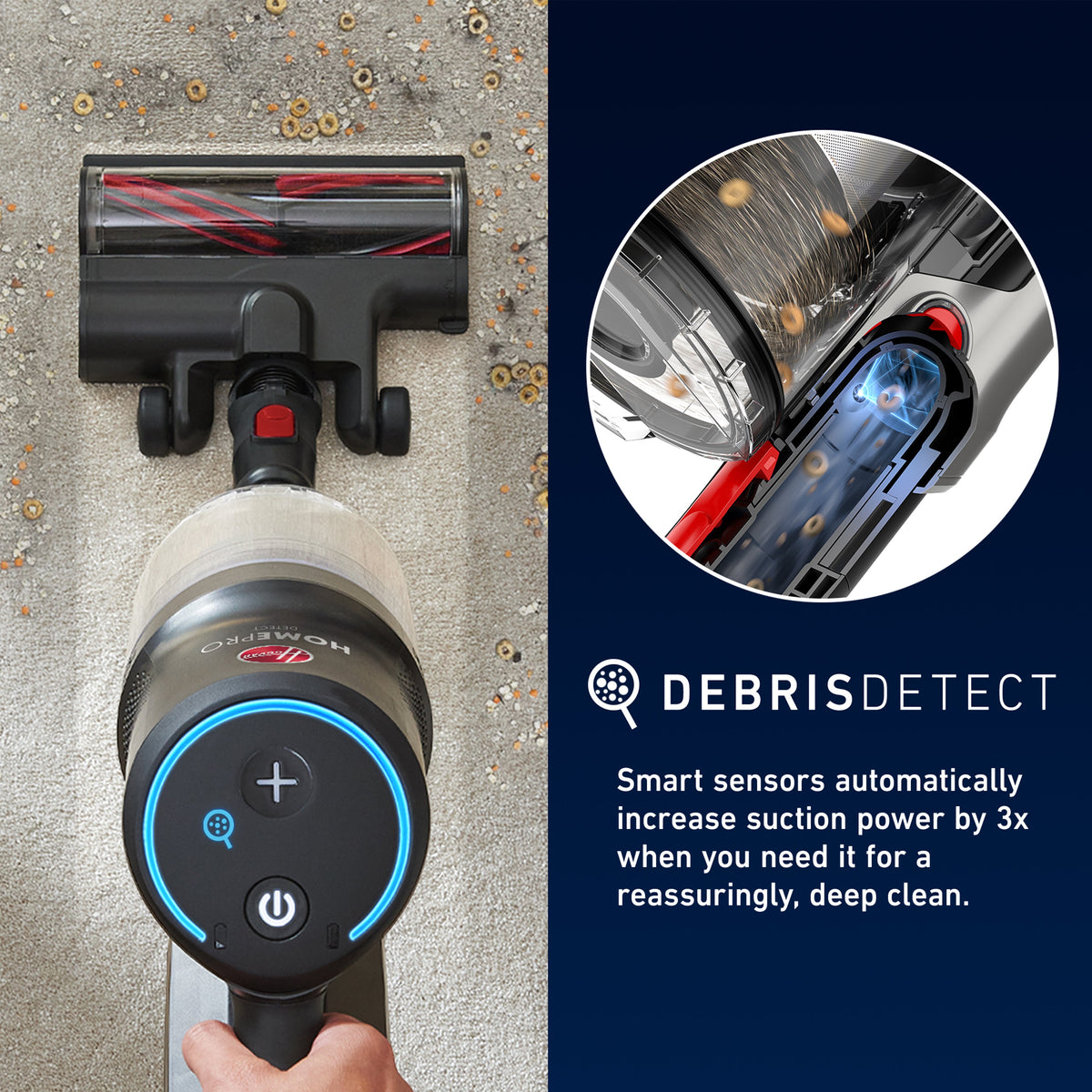 مكنسة هوفر Home Pro Detect اللاسلكية CLSV-HPMT، لتنظيف قوي وسهل في جميع أنحاء المنزل، مع تقنية الكشف عن الأوساخ لتنظيف عميق.